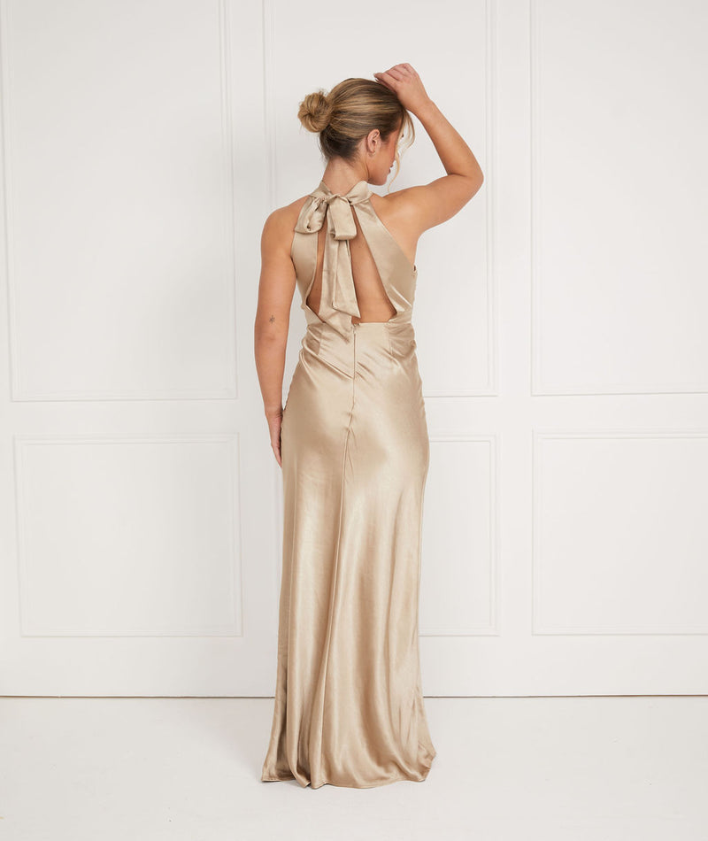 Halter Neck Satin Bridesmaid Dress - Champagne | Six Stories- Size US 2 Halter Neck Satin Bridesmaid Dress - Champagne | Six Stories- Size US 2