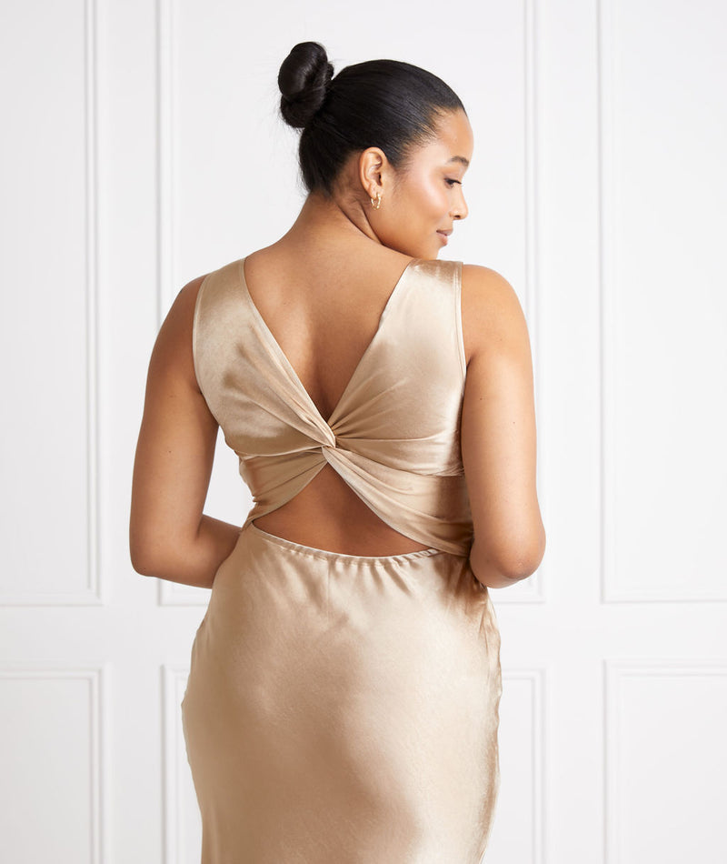 Twist Back Satin Bridesmaid Dress - Champagne | Six Stories- Size US 2 Twist Back Satin Bridesmaid Dress - Champagne | Six Stories- Size US 2