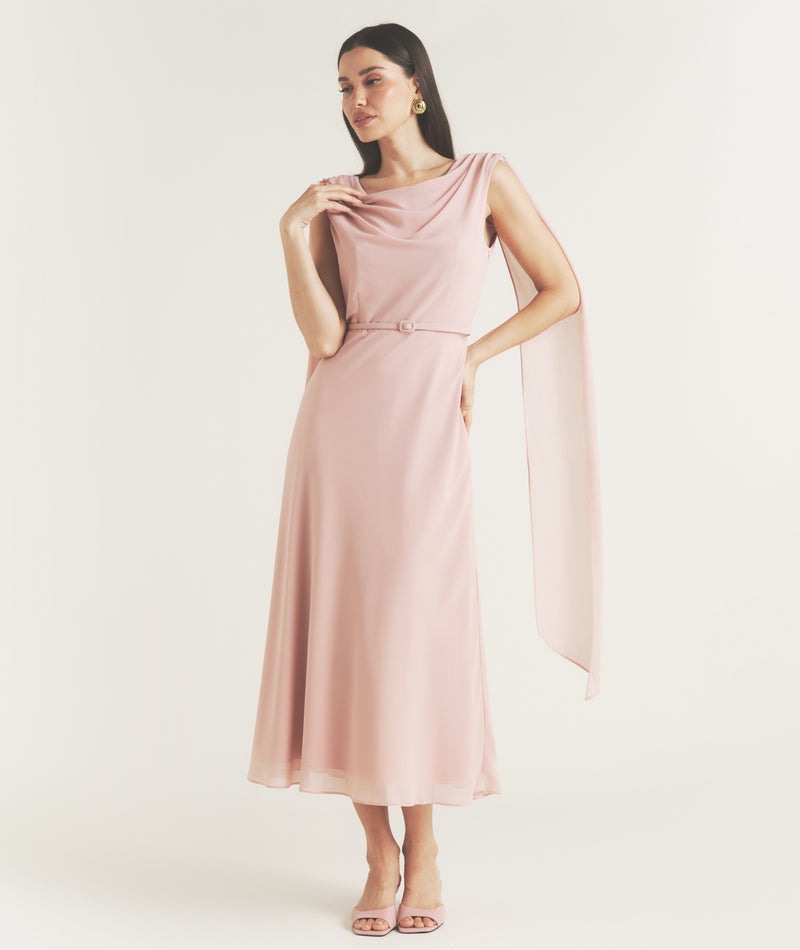 Cowl Front Drape Detail Belted Midi Dress - Rose