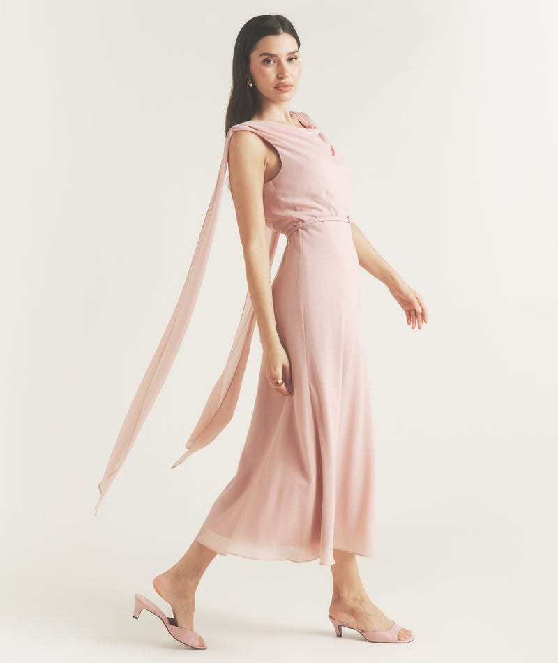 Cowl Front Drape Detail Belted Midi Dress - Rose