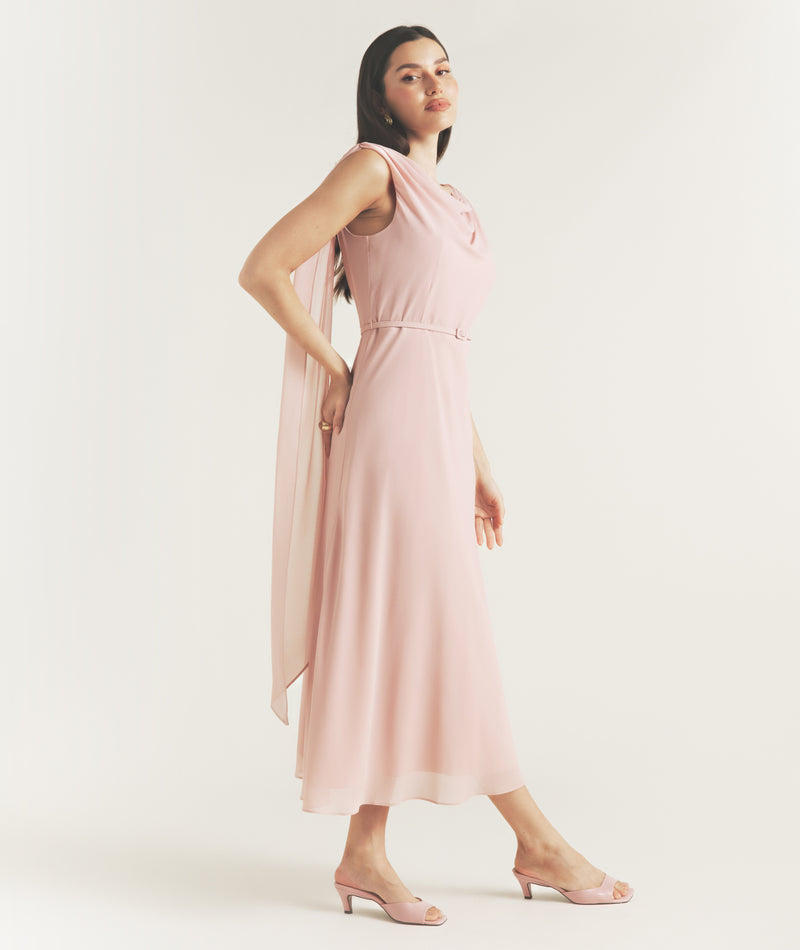 Cowl Front Drape Detail Belted Midi Dress - Rose