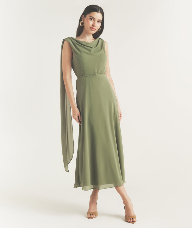 Cowl Front Drape Detail Belted Midi Dress - Sage