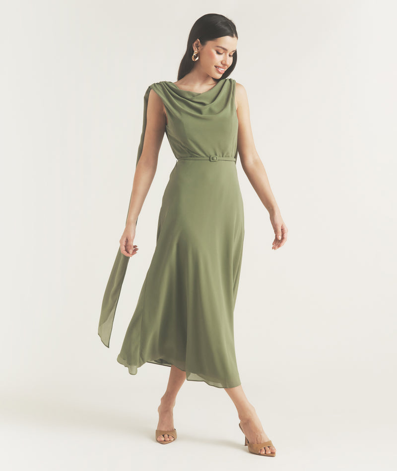 Cowl Front Drape Detail Belted Midi Dress - Sage