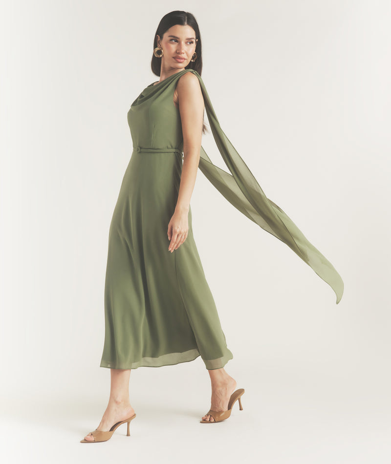 Cowl Front Drape Detail Belted Midi Dress - Sage