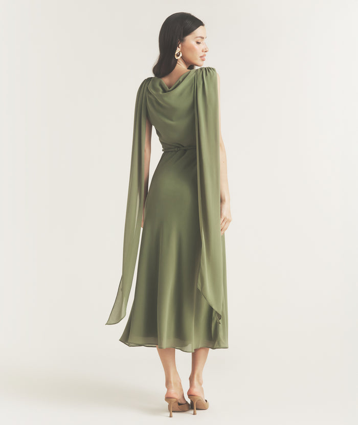 Cowl Front Drape Detail Belted Midi Dress - Rose