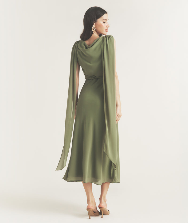 Cowl Front Drape Detail Belted Midi Dress - Sage