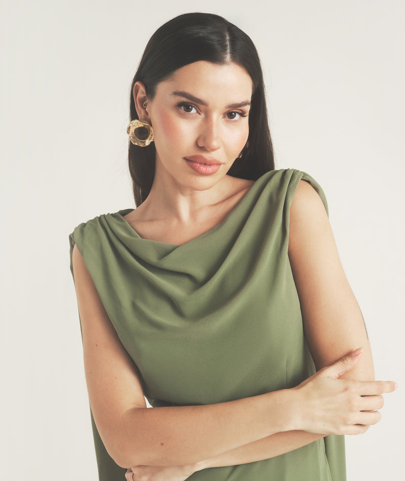 Cowl Front Drape Detail Belted Midi Dress - Sage