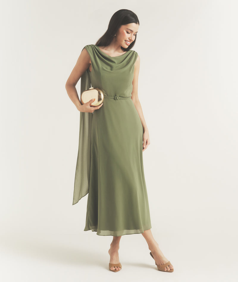 Cowl Front Drape Detail Belted Midi Dress - Sage