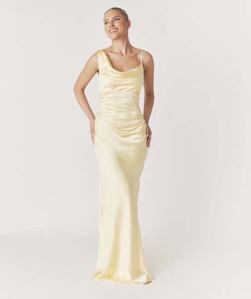 Cowl Asymmetrical Satin Bridesmaid Dress - Butter Lemon