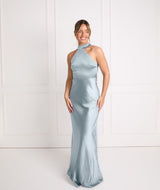 Halter Neck Satin Bridesmaid Dress - Dusty Blue