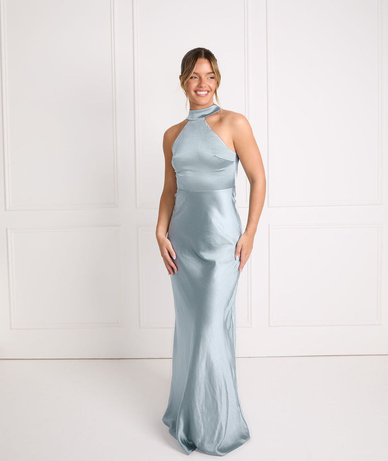Halter Neck Satin Bridesmaid Dress - Dusty Blue Six Stories Halter Neck Satin Bridesmaid Dress - Dusty Blue Six Stories