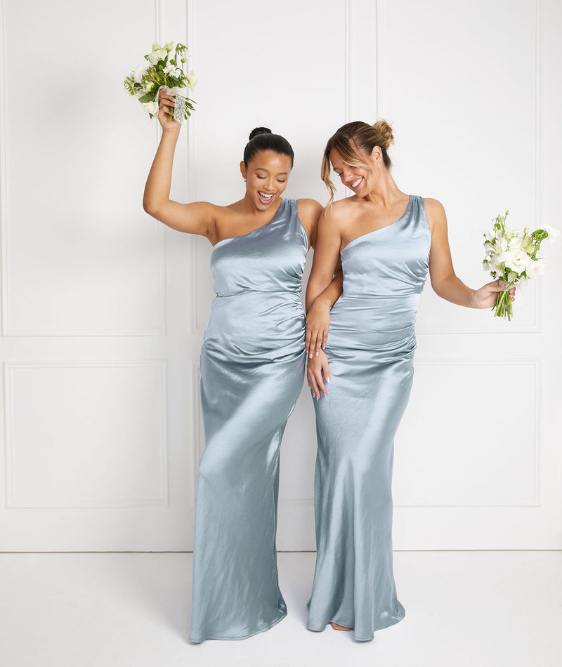 One Shoulder Satin Ruched Bridesmaid Dress Dusty Blue Six Stories