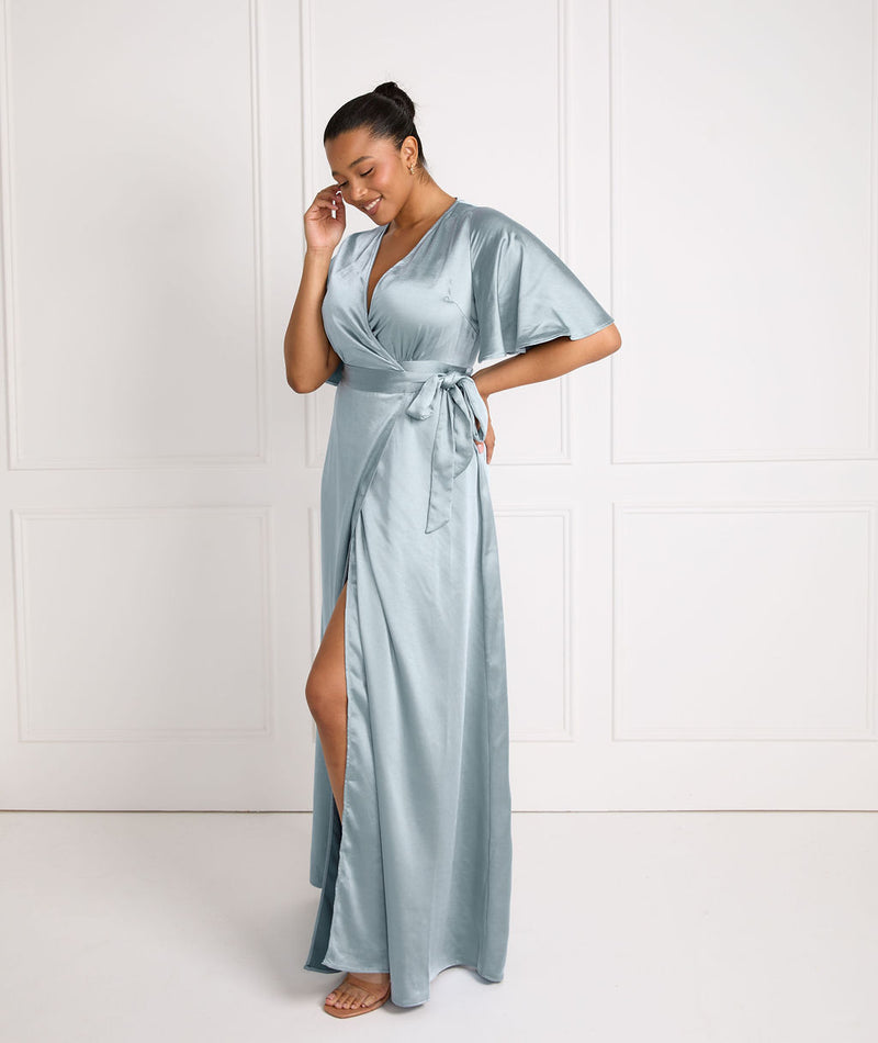 Wrap Tie Satin Bridesmaid Dress - Dusty Blue Six Stories Wrap Tie Satin Bridesmaid Dress - Dusty Blue Six Stories