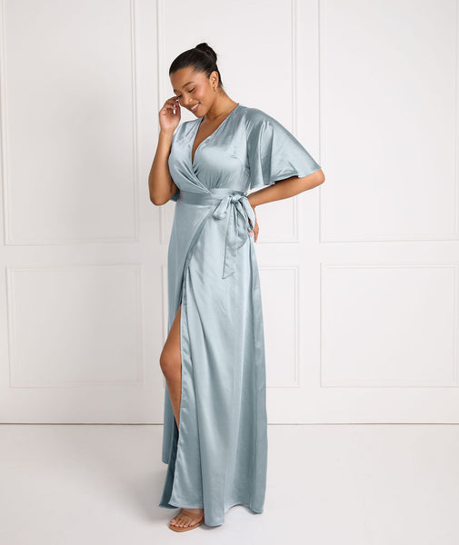 fitted lace wedding dress Bronze Satin Wrap Maxi Dress with Collar M