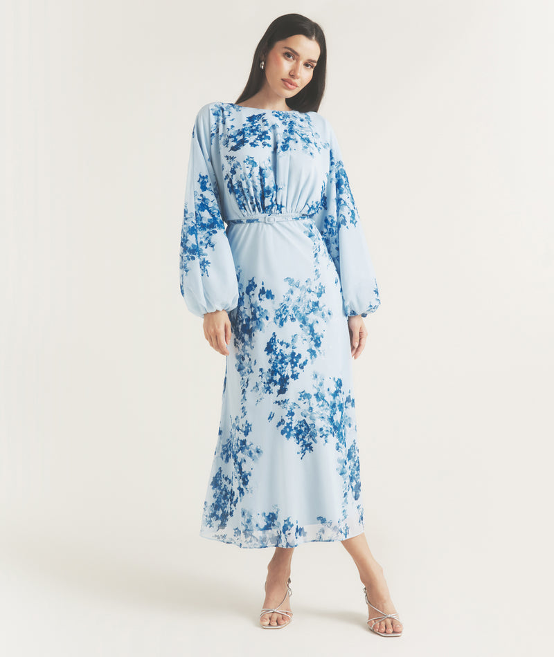 Floral Balloon Sleeve Maxi Dress - Pale Blue Six Stories Floral Balloon Sleeve Maxi Dress - Pale Blue Six Stories