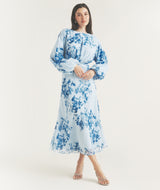 Floral Balloon Sleeve Maxi Dress - Pale Blue