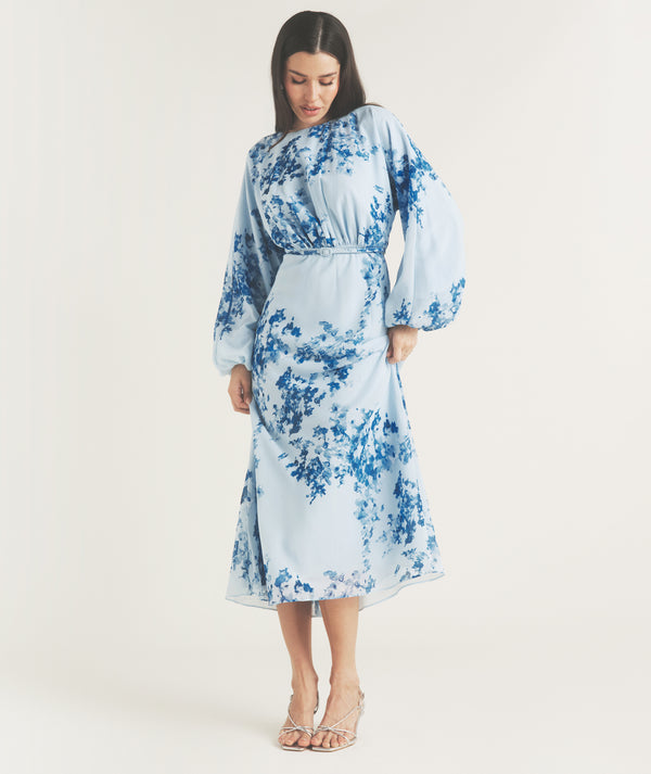 Floral Balloon Sleeve Maxi Dress - Pale Blue