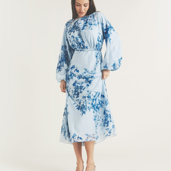 blue beauty bouquet long sleeve maxi dress Baltic Born Womens Layla Tulle Maxi Dress | Blue + Golden Floral main image 0
