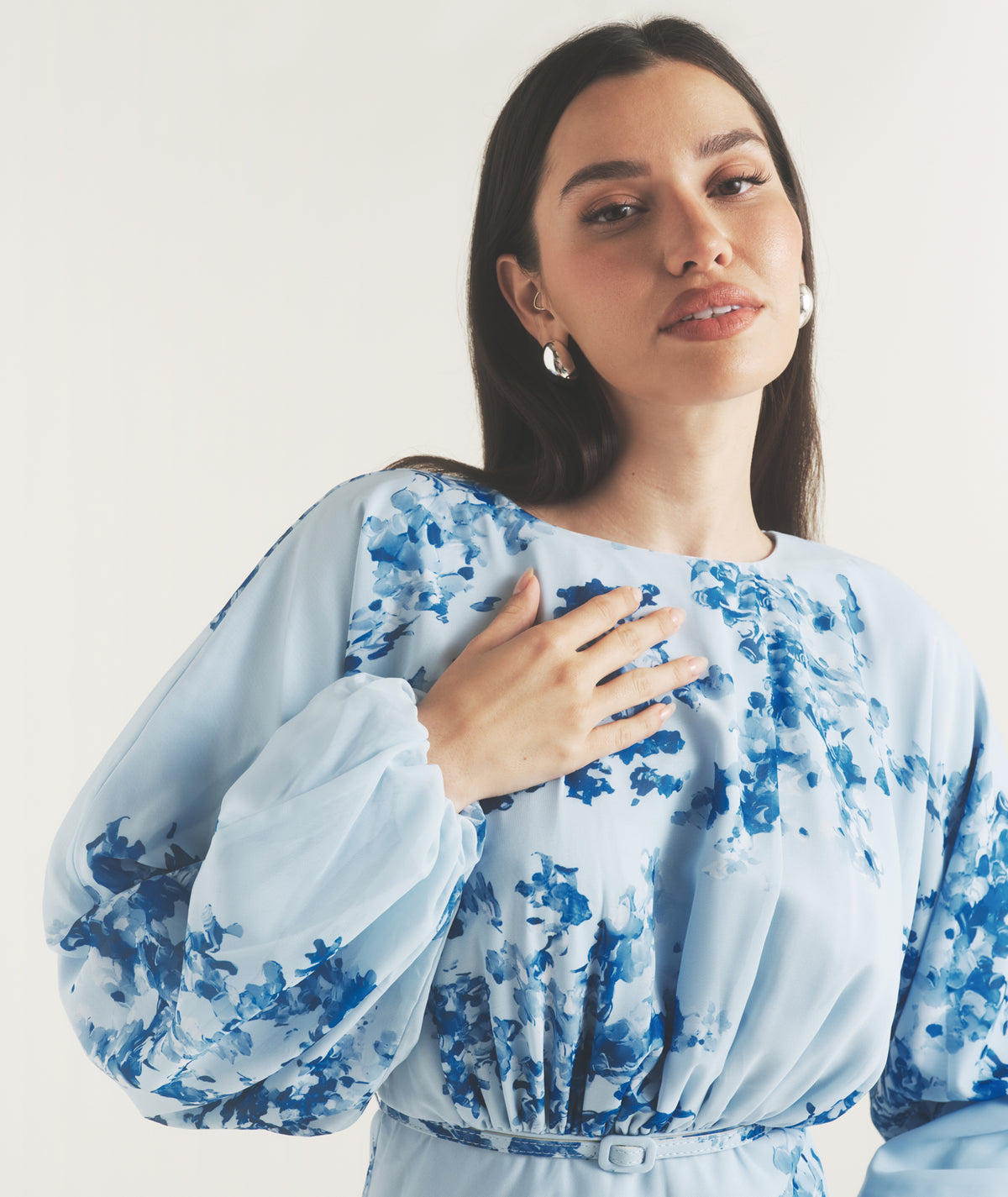 Floral Balloon Sleeve Maxi Dress - Pale Blue