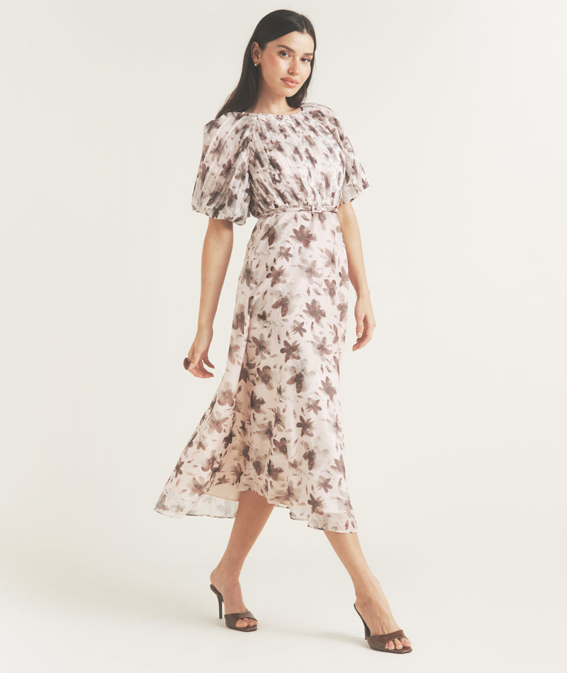Floral Pleat Detail Midi Dress - Pink