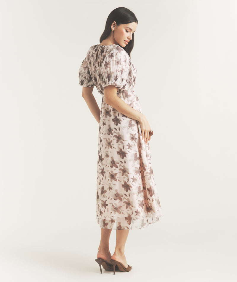 Floral Pleat Detail Midi Dress - Pink