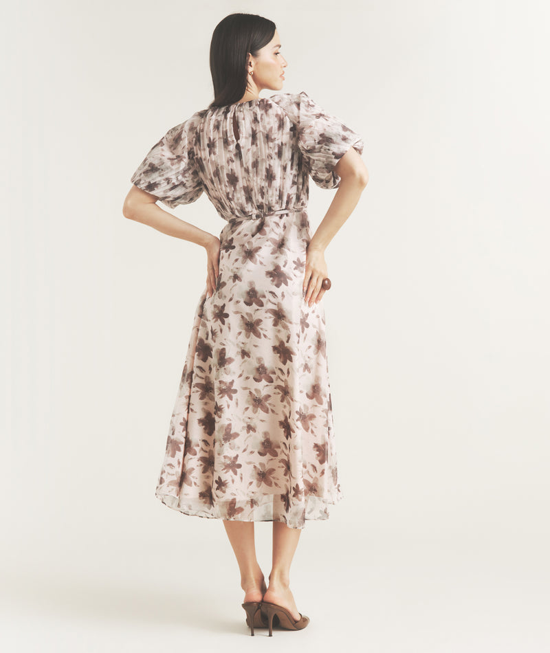 Floral Pleat Detail Midi Dress - Pink