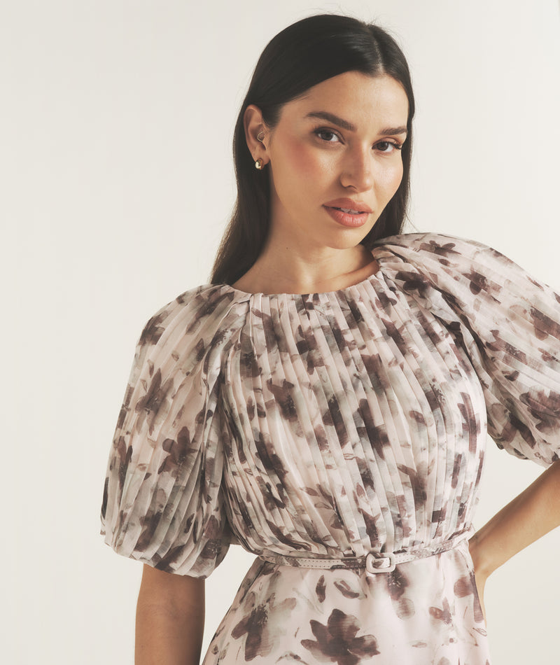 Floral Pleat Detail Midi Dress - Pink