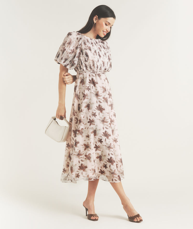 Floral Pleat Detail Midi Dress - Pink