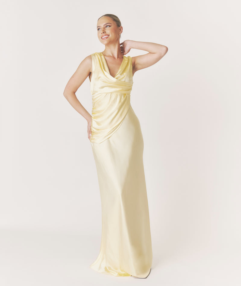 Plunge Drape Detail Satin Bridesmaid Dress - Butter Lemon