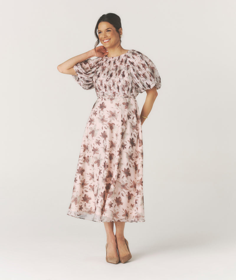 Floral Pleat Detail Midi Dress - Pink
