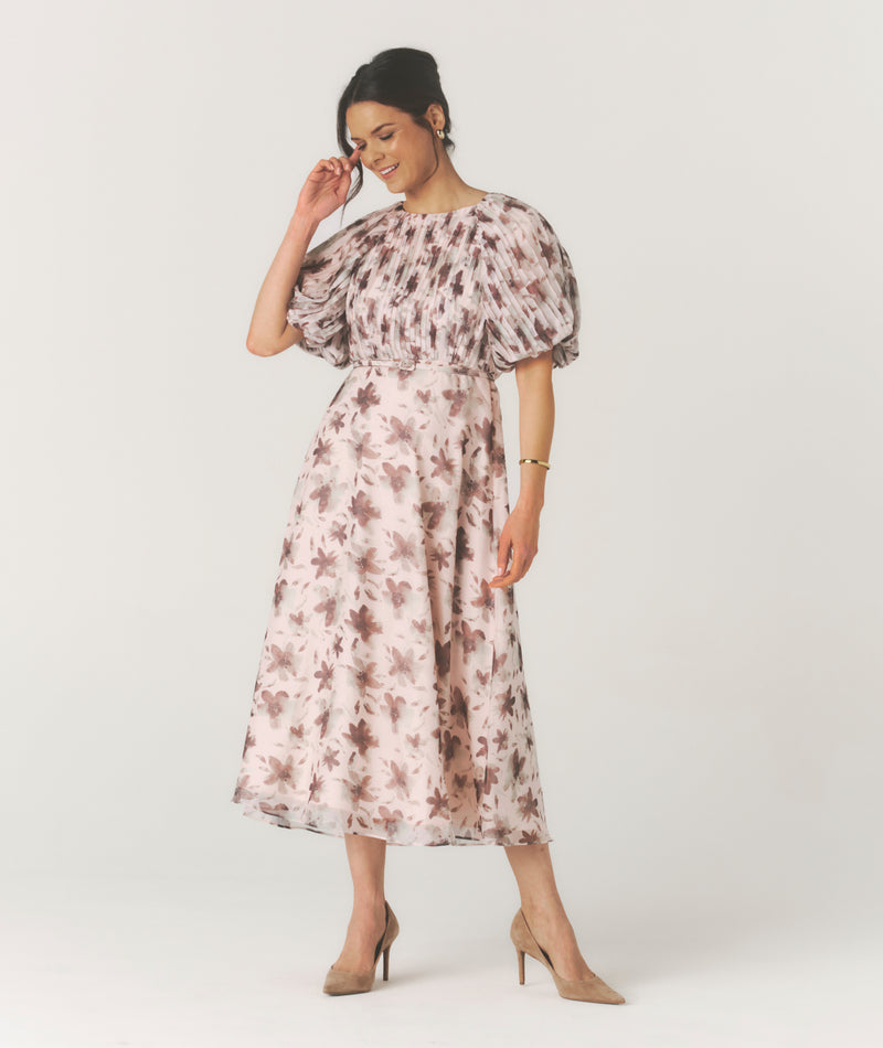 Floral Pleat Detail Midi Dress - Pink