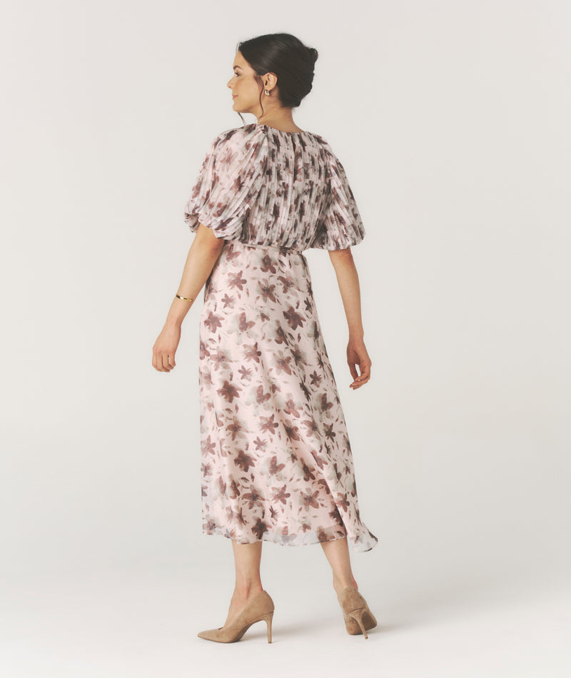 Floral Pleat Detail Midi Dress - Pink