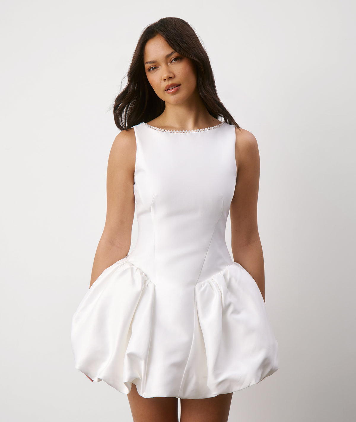 Pearl Trim Bubble Hem Mini Dress - White