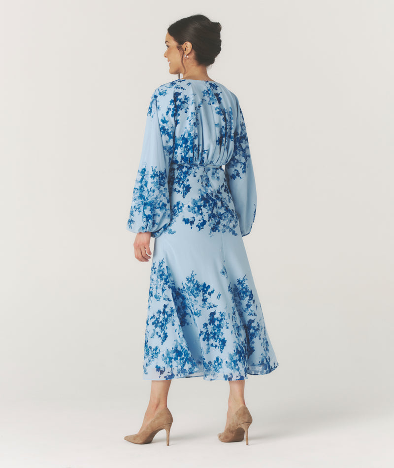 Floral Balloon Sleeve Maxi Dress - Pale Blue