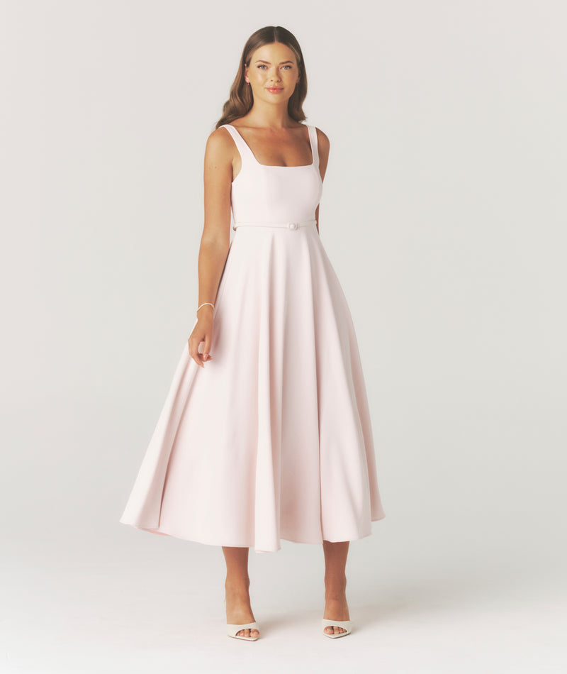 Square Neck Belted Midi Dress - Pale Pink- Size US 4 Square Neck Belted Midi Dress - Pale Pink- Size US 4