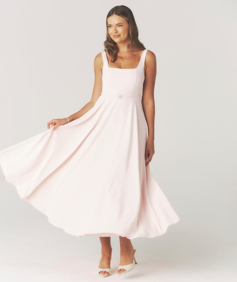 Square Neck Belted Midi Dress - Pale Pink- Size US 4 Square Neck Belted Midi Dress - Pale Pink- Size US 4
