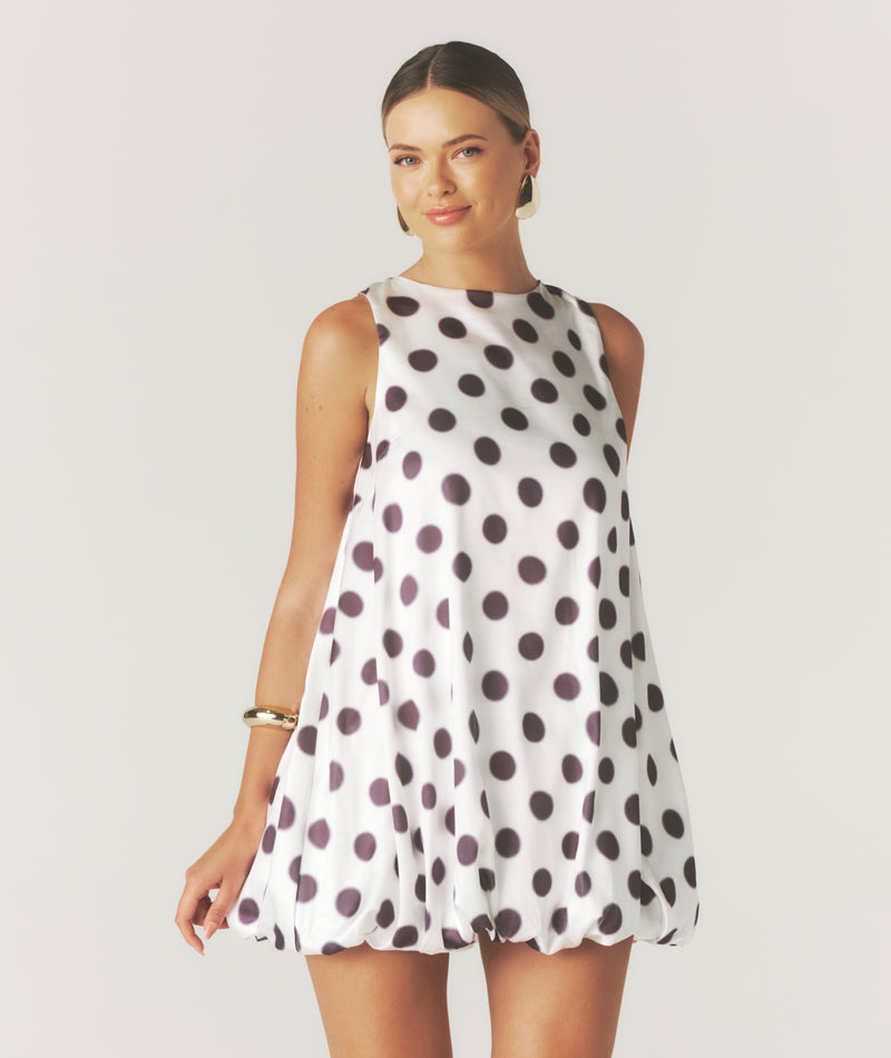 Polka Dot Satin Puff Ball Mini Dress - White Polka Dot Satin Puff Ball Mini Dress - White