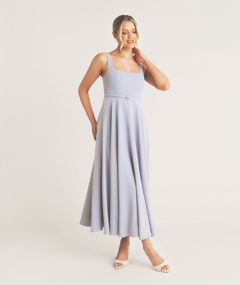 Square Neck Belted Midi Dress - Pale Blue Six Stories Square Neck Belted Midi Dress - Pale Blue Six Stories