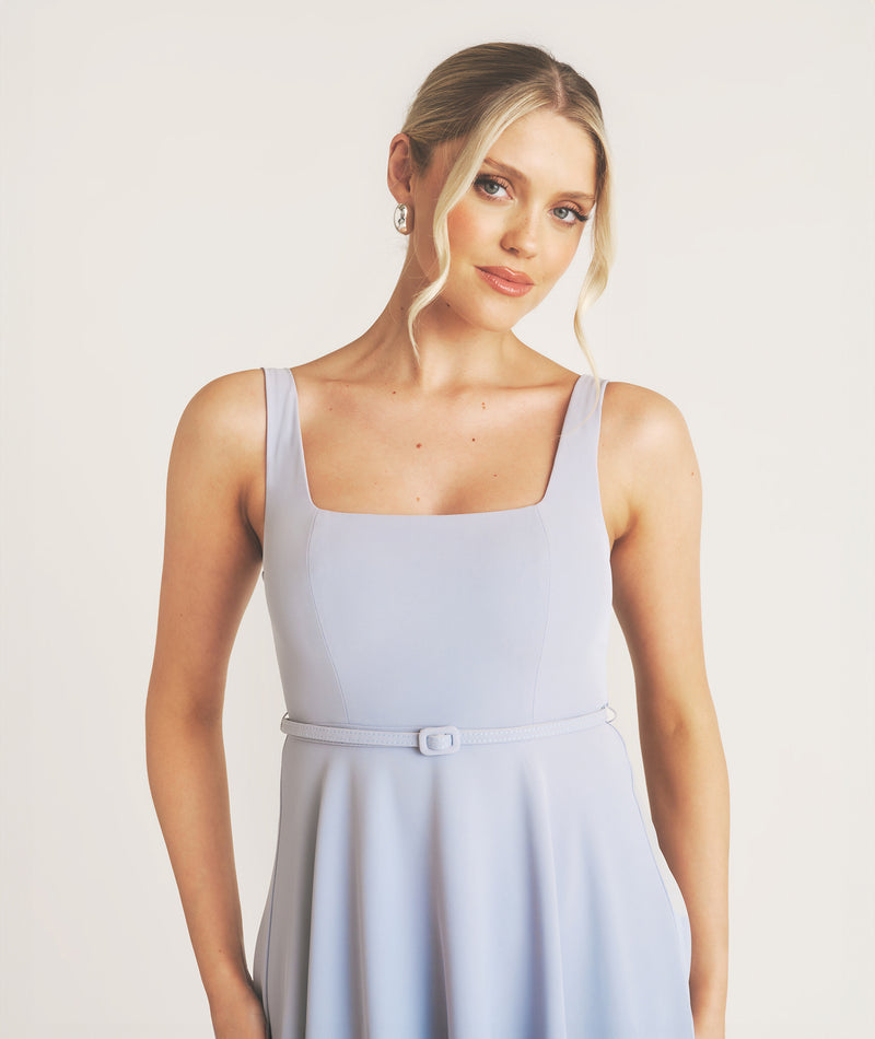 Square Neck Belted Midi Dress - Pale Blue Six Stories Square Neck Belted Midi Dress - Pale Blue Six Stories
