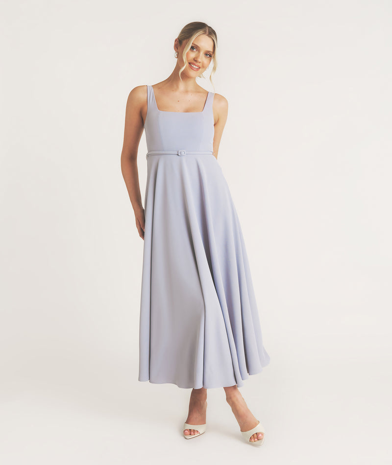 Square Neck Belted Midi Dress - Pale Blue Six Stories Square Neck Belted Midi Dress - Pale Blue Six Stories