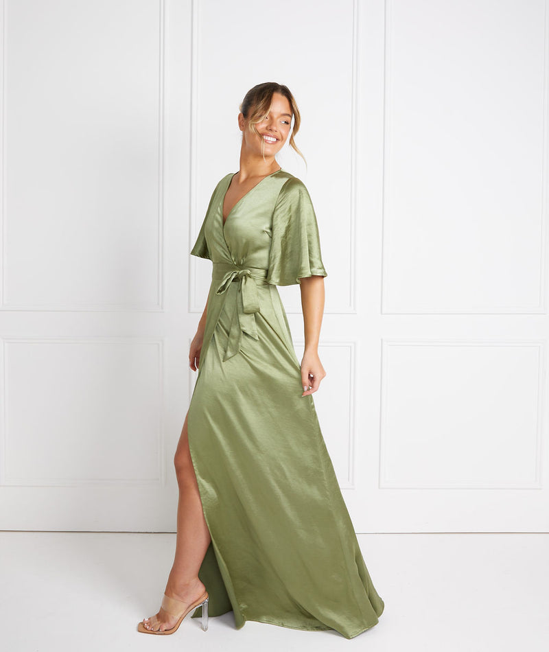 Wrap Tie Satin Bridesmaid Dress - Moss Green | Six Stories- Size US 10 Wrap Tie Satin Bridesmaid Dress - Moss Green | Six Stories- Size US 10