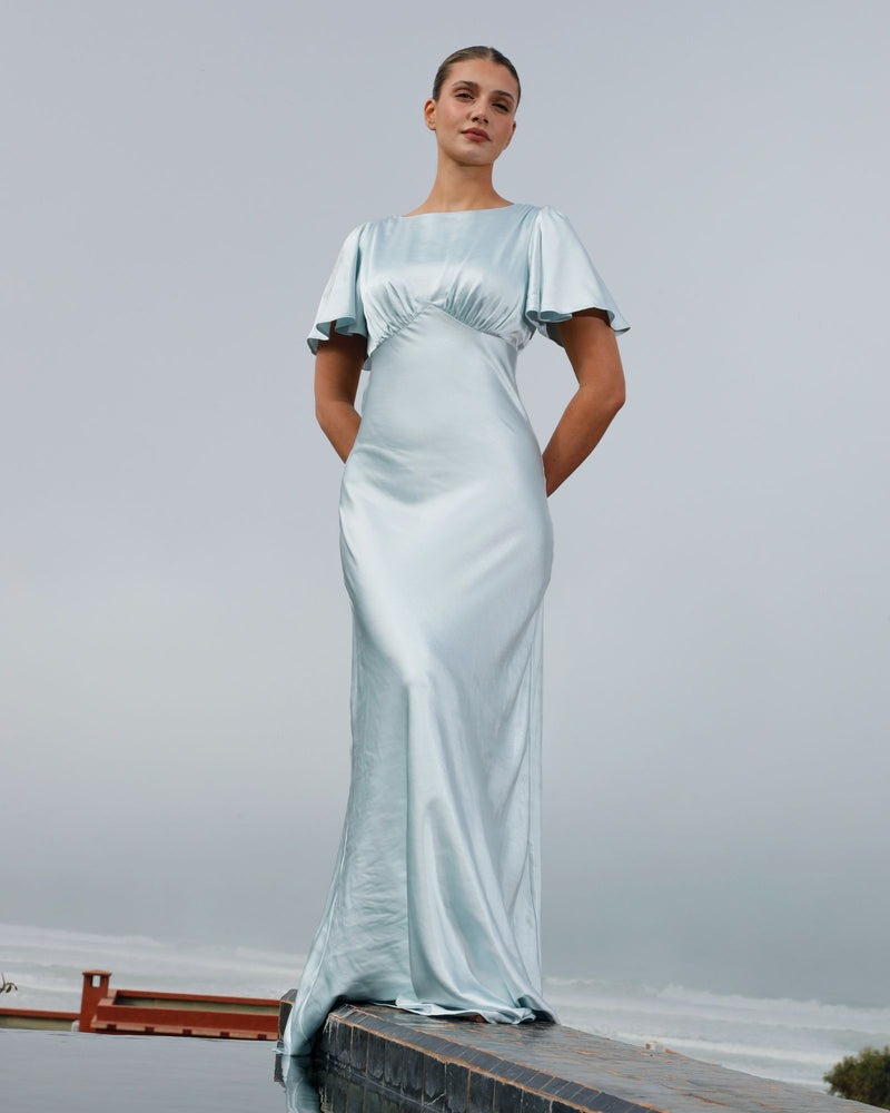 Gathered Bust Satin Bridesmaid Dress - Ice Blue