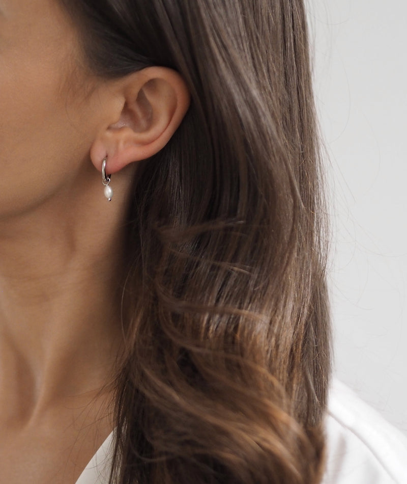 Pearl Drop Huggie Hoop Earrings - Silver