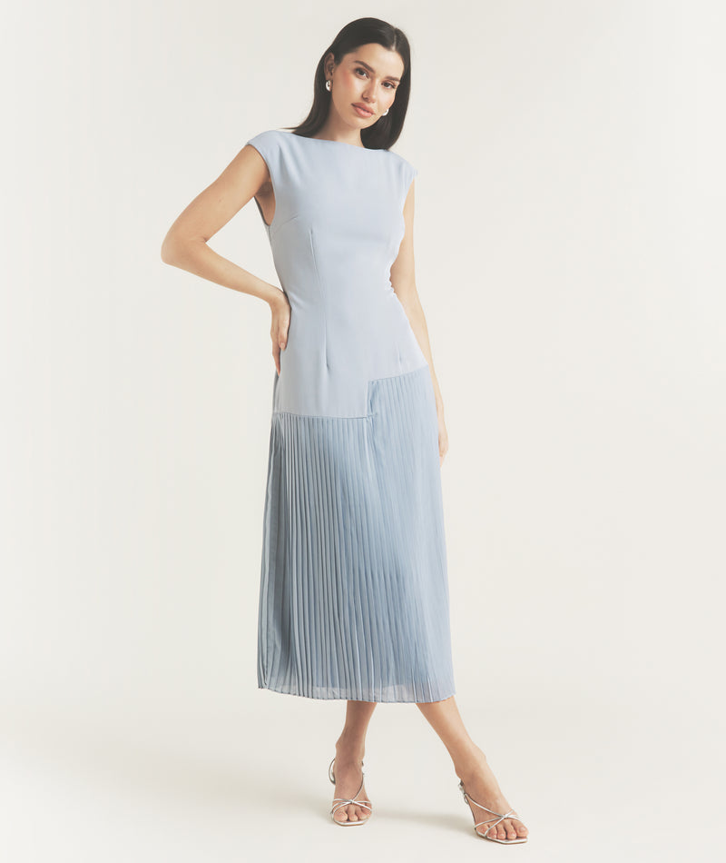 Pleated Cap Sleeve Maxi Dress - Blue