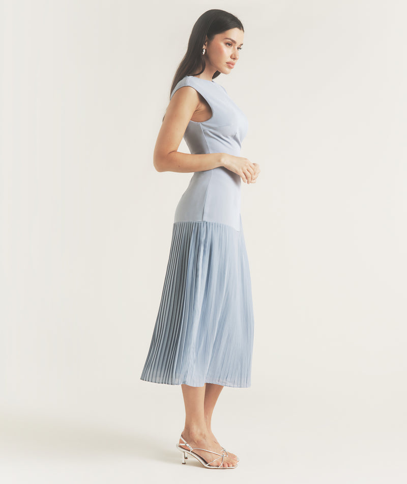 Pleated Cap Sleeve Maxi Dress - Blue