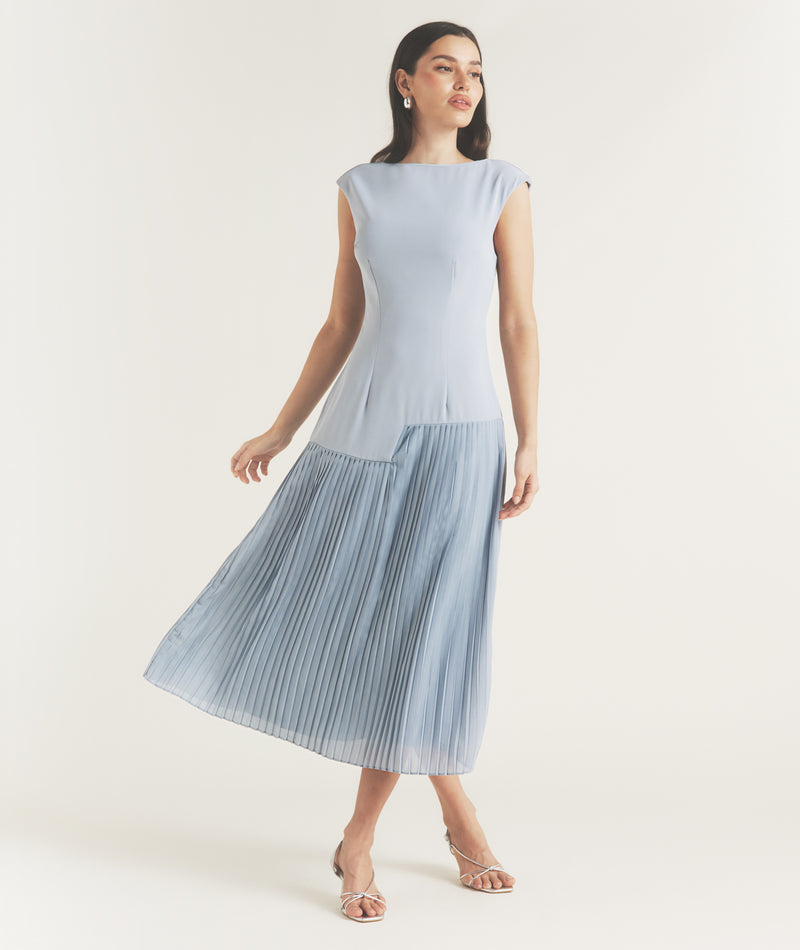 Pleated Cap Sleeve Maxi Dress - Blue