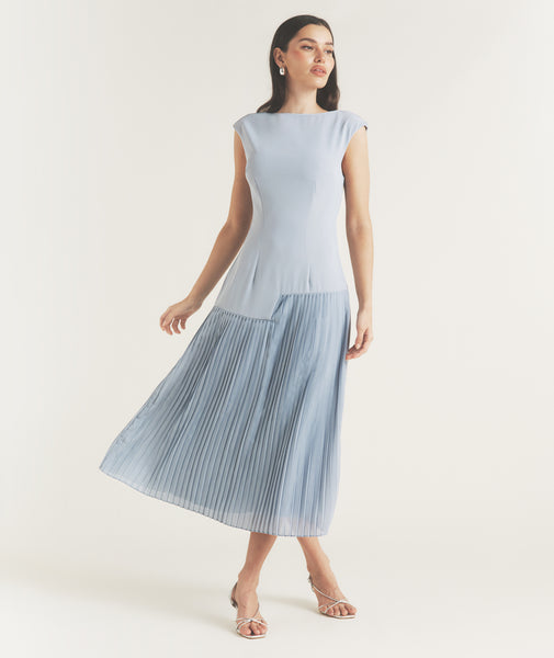 Pleated Cap Sleeve Maxi Dress - Blue- Size US 14 Pleated Cap Sleeve Maxi Dress - Blue- Size US 14