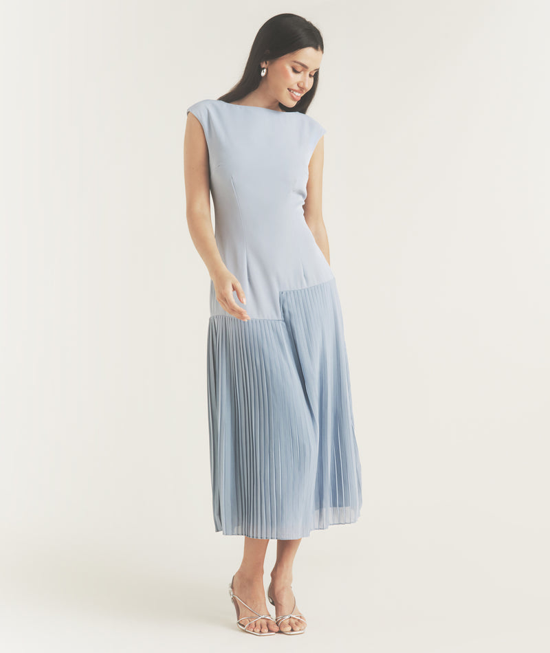 Pleated Cap Sleeve Maxi Dress - Blue