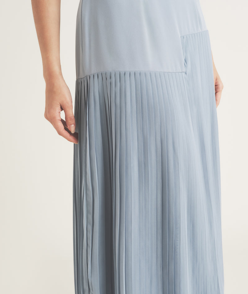 Pleated Cap Sleeve Maxi Dress - Blue