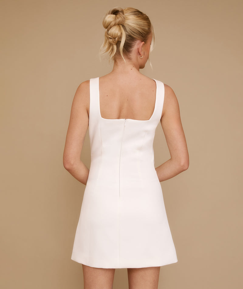 Square Neck Button Satin Mini Dress - White